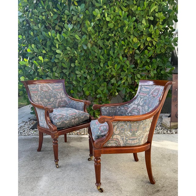 Wood Vintage Hickory Chair Regency Mahogany Armchairs With Original James River Upholstery, Pair For Sale - Image 7 of 12