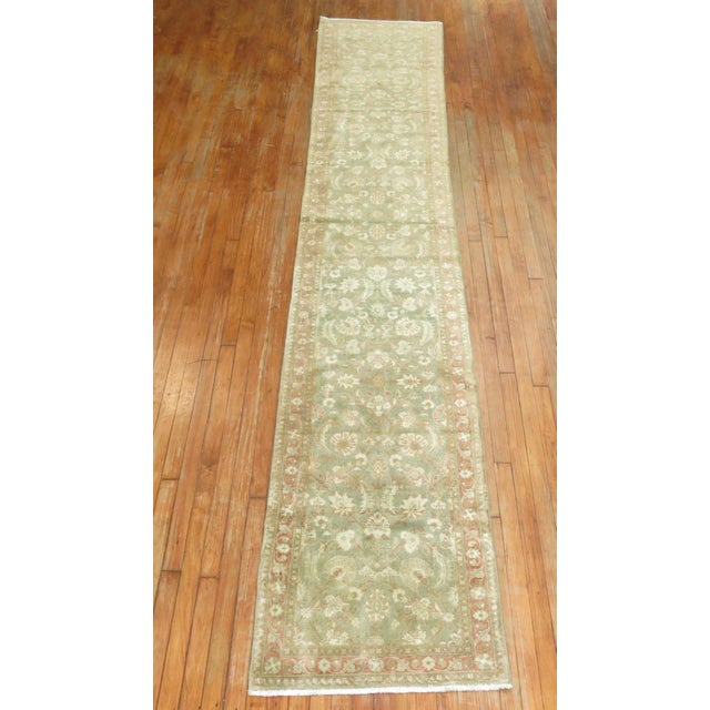 Textile Zabihi Collection Narrow Antique Persian Tabriz Brown Green Runner - 2'4" x 14' For Sale - Image 7 of 9