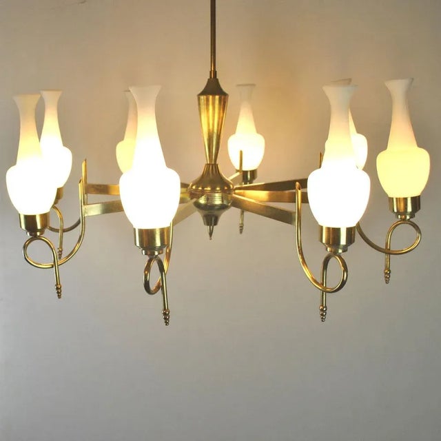 Metal Mid-Century Brass and Opaline Glass Chandelier, 1950s For Sale - Image 7 of 15