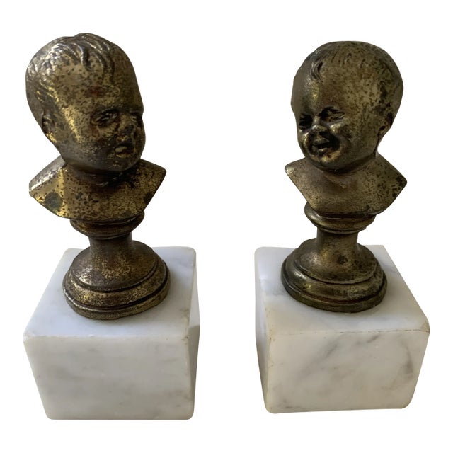 Vintage Brass & Marble Child Busts Bookends - a Pair For Sale