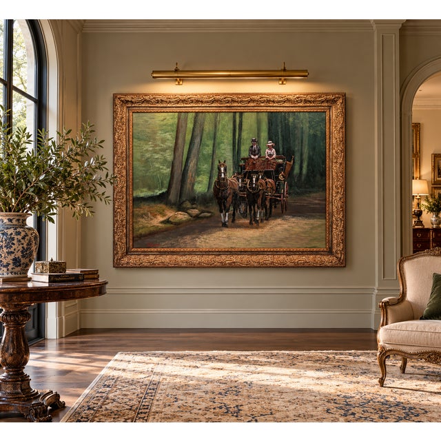 Late 20th Century Monumental Green Equestrian Horse Carriage Oil Painting Ornate Gilt Frame Scott Duncan For Sale - Image 14 of 18
