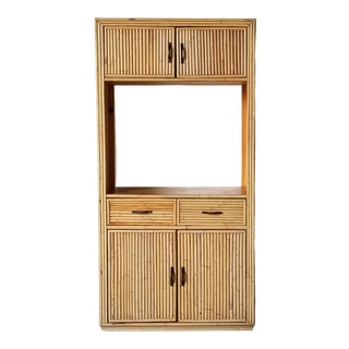 Vintage Bielecky Brothers Style Rattan Hutch Cabinet With Brass Handles For Sale