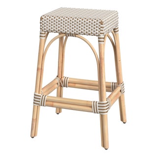 Robias 30 in. Seat Height Rectangular Rattan Backless Bar Stool, White/Tan Dot / Natural Rattan Frame For Sale