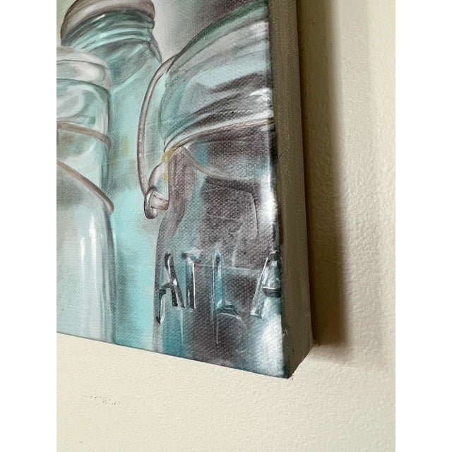 Contemporary Realism by New England artist Tracy Meola. A small acrylic painting of vintage canning jars, but in a...