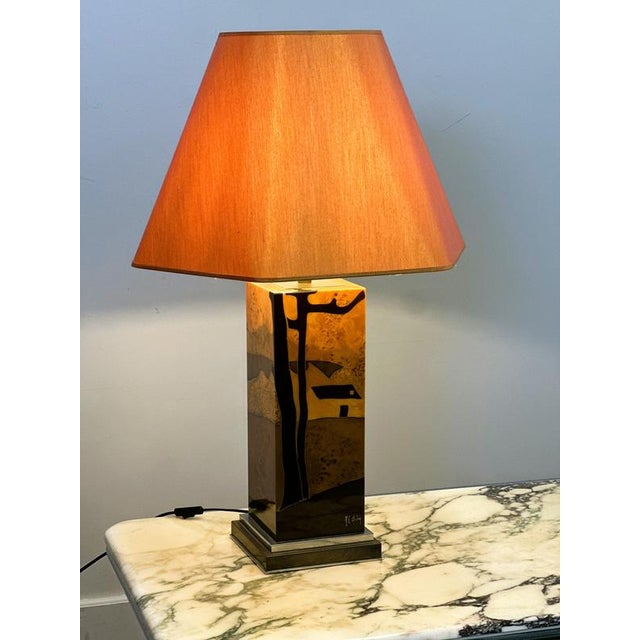 Wood Vintage Table Lamp in Burl Wood with Abstract Inlay by Jean Claude Mahey, 1970s For Sale - Image 7 of 9