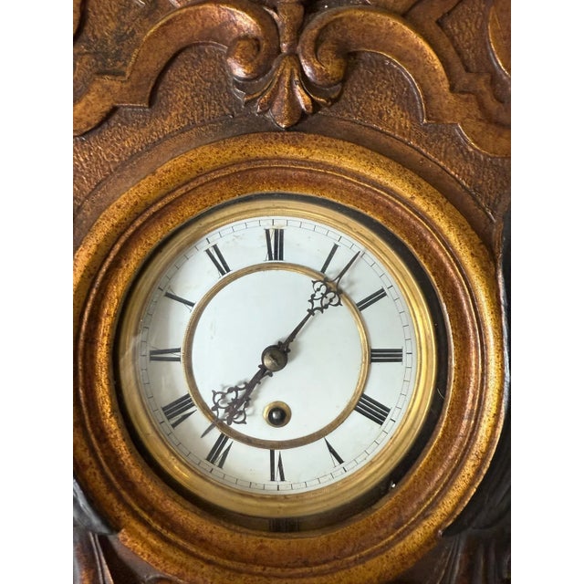 Refurbished Beaux Art Griffin Antique Wall Regulator Clock Embossed. Sun Pendulum. Featuring Griffin Figures. For Sale - Image 4 of 9