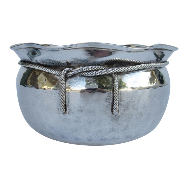 Vintage Mid-Century "Made in India" Hammered Silverplate Tassel Roped Cachepot/Decorative Center Bowl For Sale