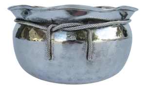 Vintage Mid-Century "Made in India" Hammered Silverplate Tassel Roped Cachepot/Decorative Center Bowl