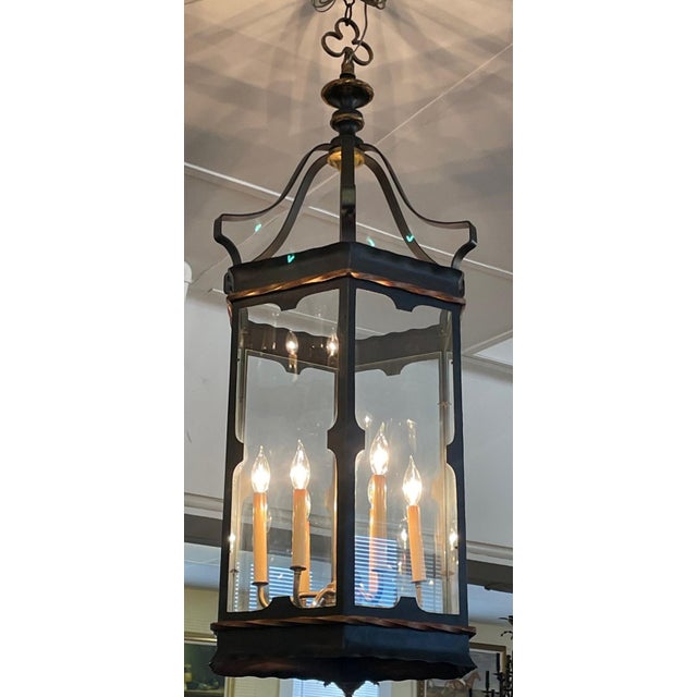Metal 1990s Large 6 Light Regency Style Wrought Iron Black & Gold Chandelier Lantern For Sale - Image 7 of 10