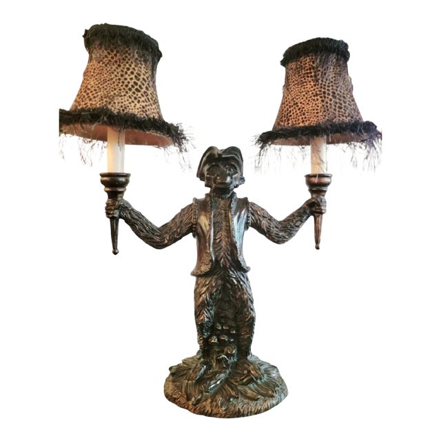 Vintage Double Arm Regency Monkey Whimsical Table Lamp W/Leopard Shades For Sale