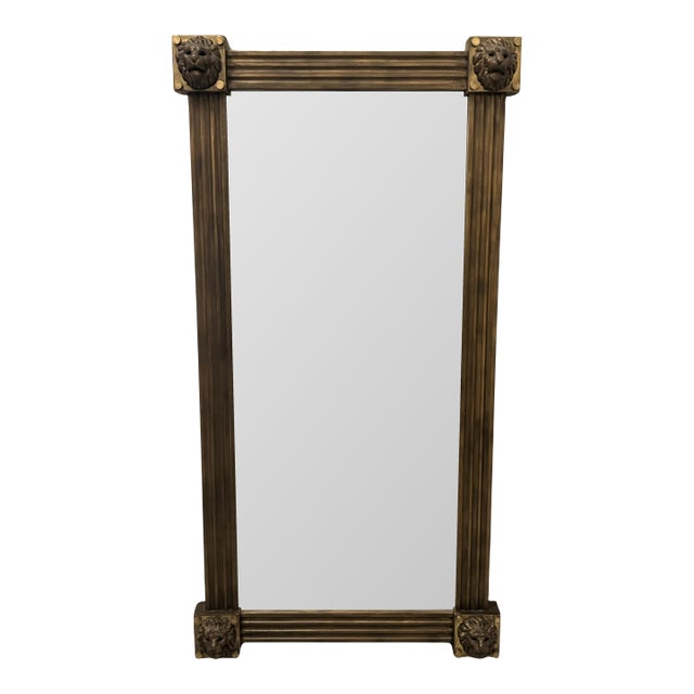 Late 20th Century Monumental Neoclassical Lion Head Wall Mirror With Brass Accents For Sale