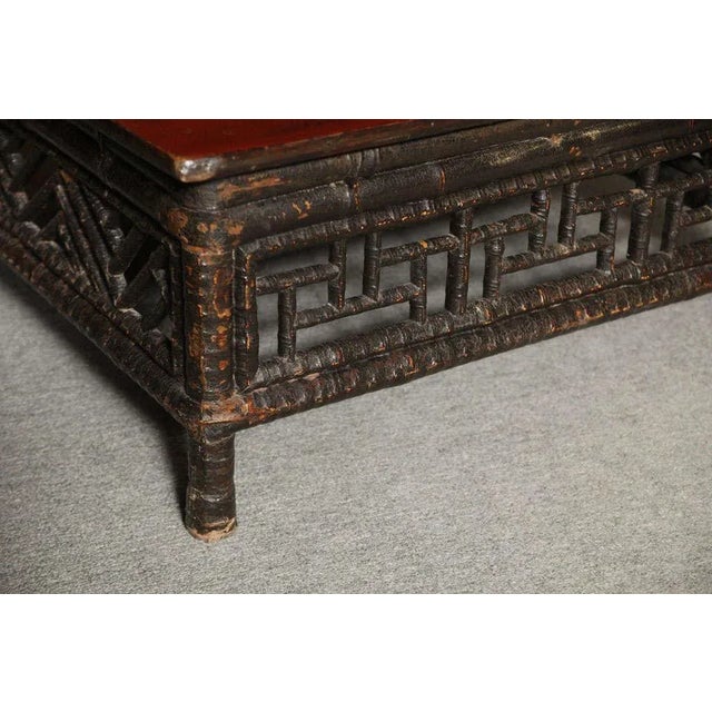 Small 19th Century Chinese Bamboo With Red Lacquered Top Coffee Table For Sale - Image 4 of 11