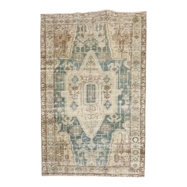 Early 20th Century Zabihi Collection Worn Green Persian Scatter Size Rug - 3'3" x 4'10" For Sale
