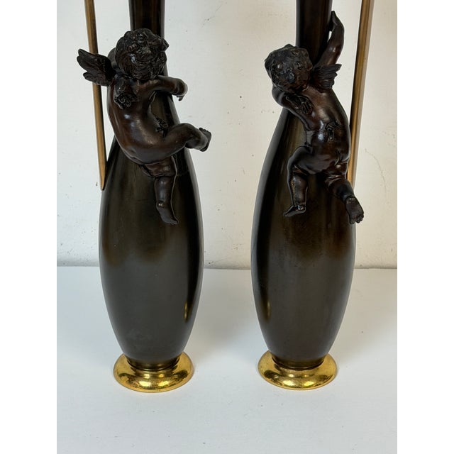 Pair 19th C. Gilt & Patinated Metal Cupid Candlesticks, After Auguste Moreau For Sale - Image 12 of 12