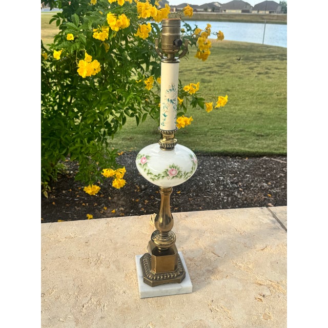 1940s Vintage Hand Painted Pink & Blue Floral Milk Glass & Brass Lamps on Marble Bases - a Pair For Sale - Image 5 of 7