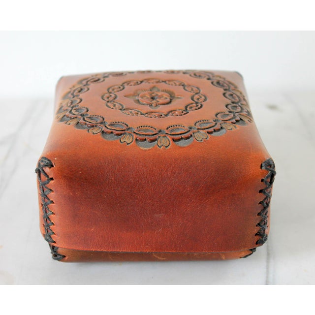 Animal Skin Vintage Hand Tooled Square Leather Trinket Box For Sale - Image 7 of 9