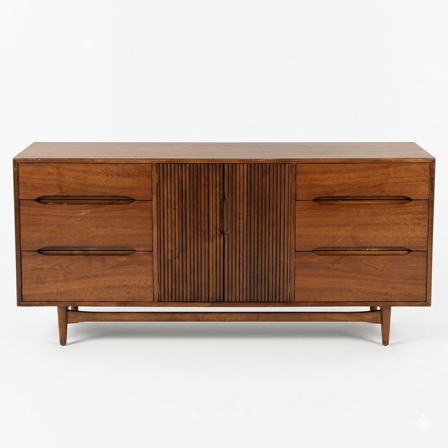 This 1960s vintage Mid Century Modern Ramseur lowboy dresser showcases a clean, linear silhouette paired with thoughtful...