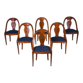 French Neoclassical Style Gondola Maple Dining Chairs W/ Dark Blue Chenille - Set of 6 For Sale
