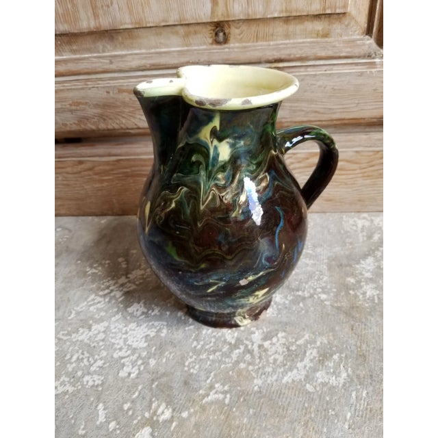 Pretty antique French Jasper pitcher with yellow interior and lip. Nice age and character..normal losses to lip and bottom...