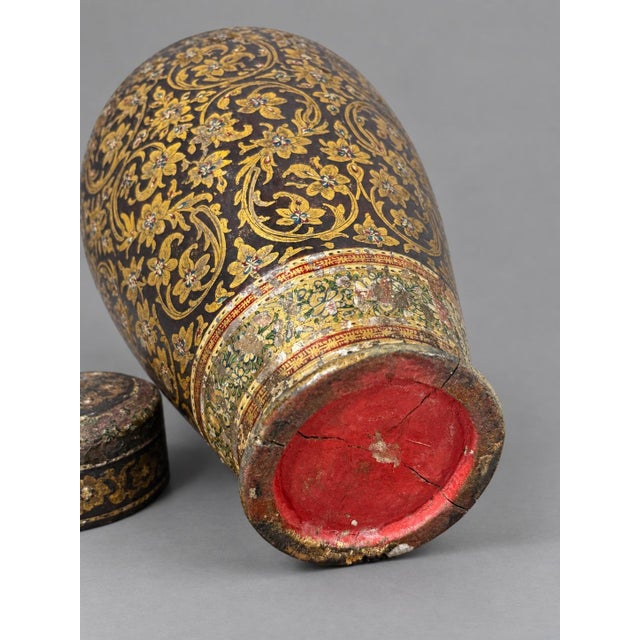 Antique 19th Century or Earlier, Kashmiri Gilt Papier-Mache Lacquer Lidded Vase For Sale - Image 12 of 13