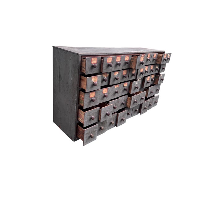 American Mid 20th Century Primitive Industrial Parts Cabinet Handmade Wooden Cheese Box Drawers For Sale - Image 3 of 18
