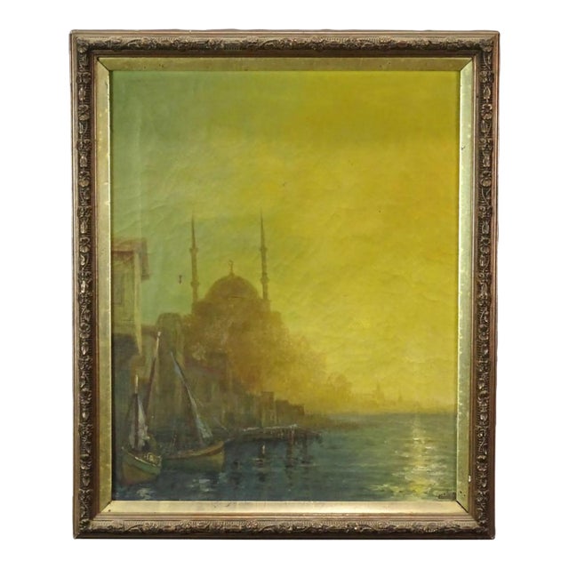 19th Century Oil Painting of an Istanbul Mosque Located on the Bosporus and the Golden Horn For Sale