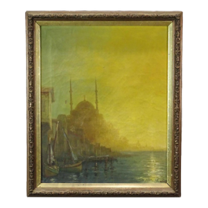 19th Century Oil Painting of an Istanbul Mosque Located on the Bosporus and the Golden Horn