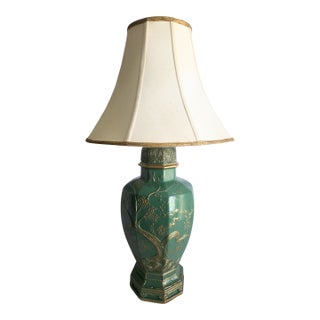 1970s Hollywood Regency Custom Lacquered Emerald Green & Gilt Chinoiserie Table Lamp For Sale