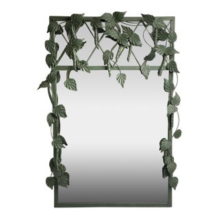 1990s Large Wall Mirror Wrought Iron Garden Lattice Green Bean Vine Painted For Sale
