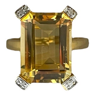 Radiant Citrine & Diamond in 10k Yellow Gold Ring Size 6 For Sale