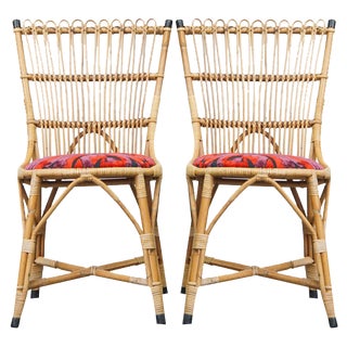 Set of Vintage Rattan Boho Chairs with Colorful Upholstered Seats, 1960s For Sale