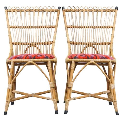 Set of Vintage Rattan Boho Chairs with Colorful Upholstered Seats, 1960s For Sale