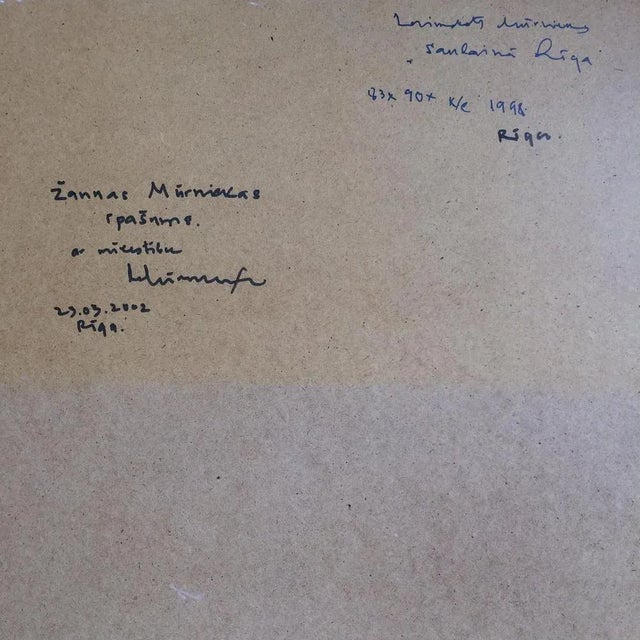 Sunny riga 1998, oil on cardboard, 83x90 cm the composition depicts a landscape where trees are situated in front of a...