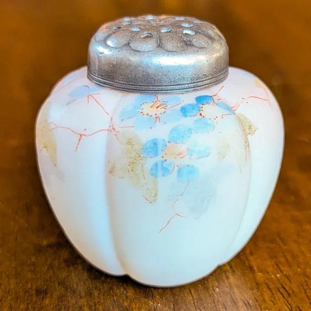 American Antique Mount Washington Hand Painted Burmese Art Glass Melon Shaped Shaker, Circa 1890 For Sale - Image 3 of 12