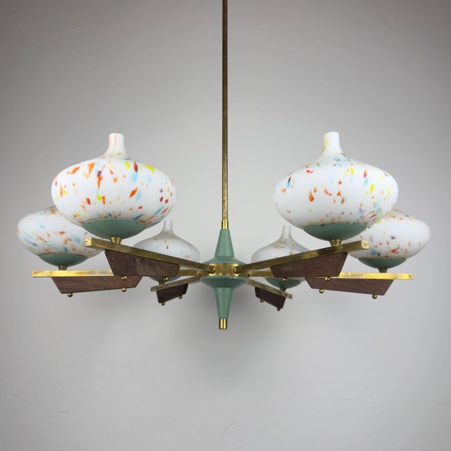 Mid-Century Chandelier with Teak and Murano Glass from Stilnovo, Italy, 1950s For Sale - Image 10 of 18