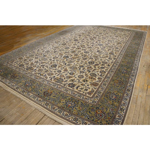 Persian 1940s Ivory Floral Antique Persian Formal Kashan Carpet 10' X 16' Knotted Pile Wool Rug For Sale - Image 3 of 12