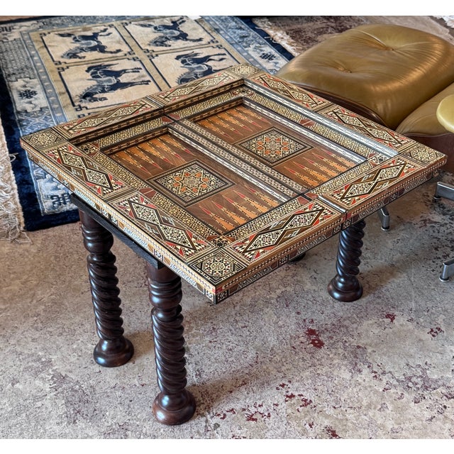 Wood Vintage Marquetry Wood and Mother of Pearl Inlay Folding Game Table For Sale - Image 7 of 10
