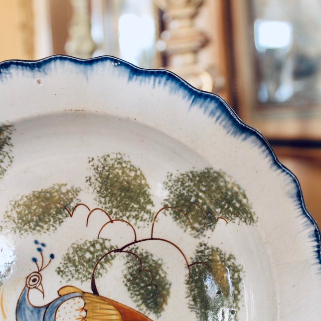 Ceramic English Delftware Peacock and Spongeware Plate For Sale - Image 7 of 9