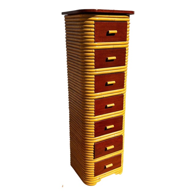 1930s Restored Paul Frankl Style Stacked Rattan & Mahogany Petite Chest of 7 Drawers For Sale