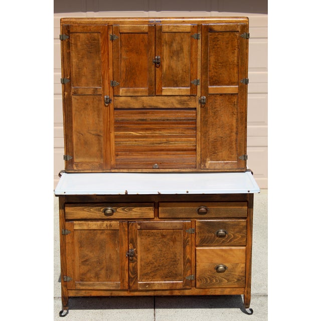 Paint Antique Early 1900s Hoosier Cabinet Dutch Kitchenet Solid Wood Enamel Pull-Out Work Surface Coppes Brothers & Zook Original Hardware For Sale - Image 7 of 15