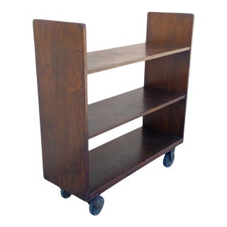 1950s Vintage Arts & Crafts Wooden Rolling Library Book Cart Bookshelf Cast Iron Wheels For Sale