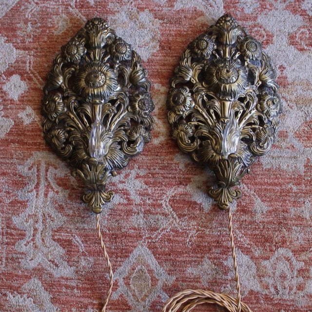 Rococo Pair of Antique Continental Brass Repoussé Sconces For Sale - Image 3 of 15