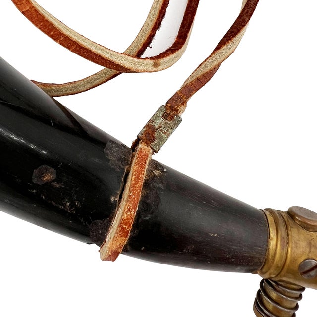 Metal 19th Century Powder Horn Flask With Brass Fittings and Leather Strap For Sale - Image 7 of 7