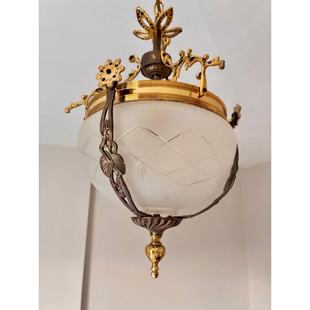1960s French Brass & Etched Glass Bowl Pendant Light - Restored For Sale - Image 13 of 18