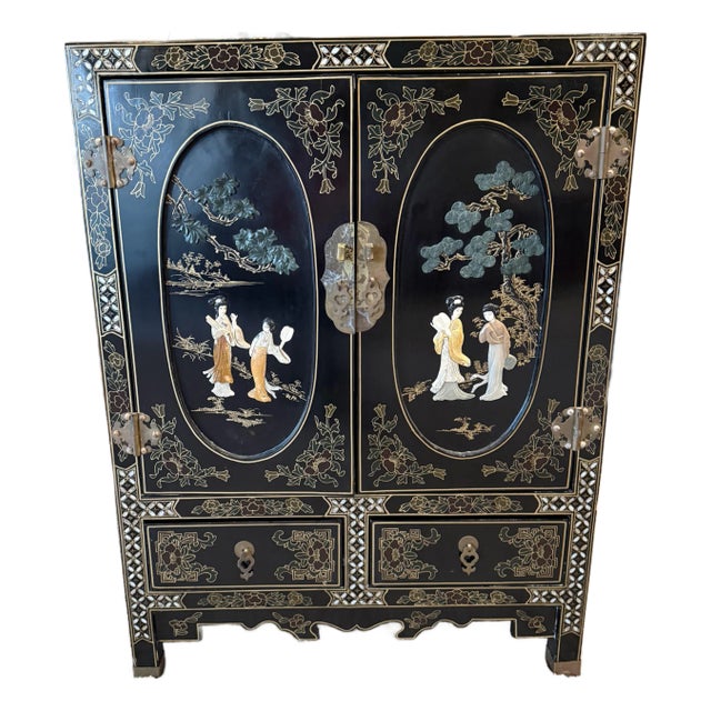Vintage Chinese Black Lacquer Cabinet With Mother-of-Pearl Figures For Sale
