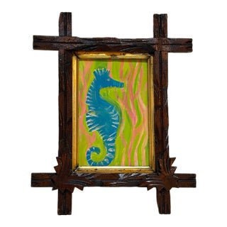 Seahorse Painting in Antique Frame For Sale
