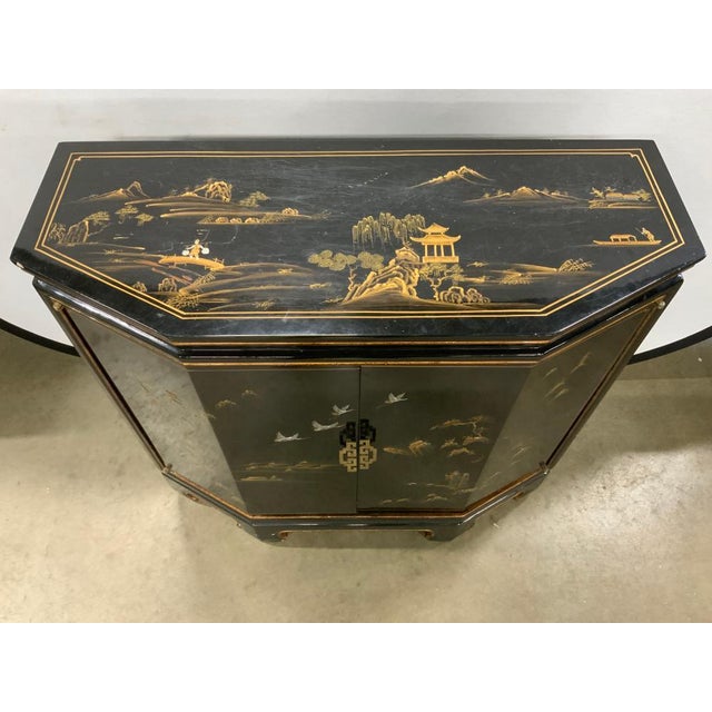 Mid 20th Century Mid 20th Century Vintage Black Lacquered Octagonal Front Chinese Cabinet For Sale - Image 5 of 7