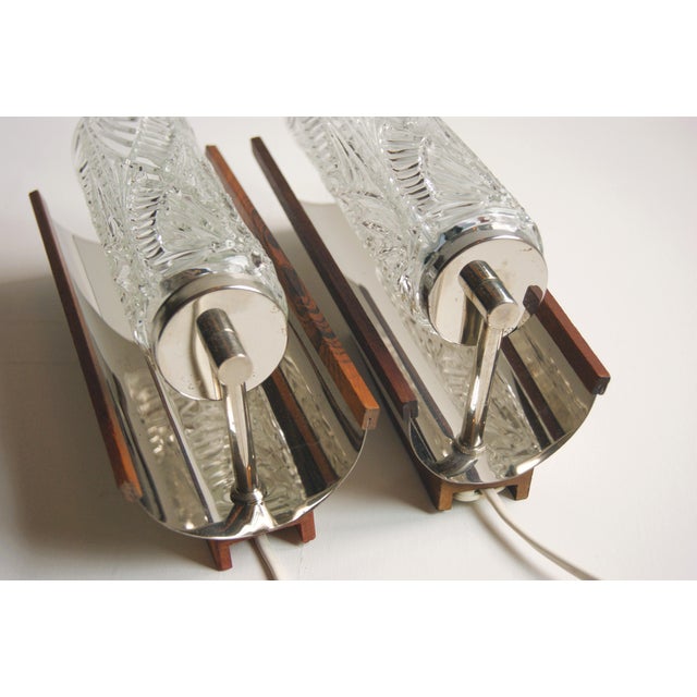 Wood Pair of Vintage 1960s Swedish Wall Lamps - Elegant Design in Crystal Glass, Teak and Chrome For Sale - Image 7 of 12