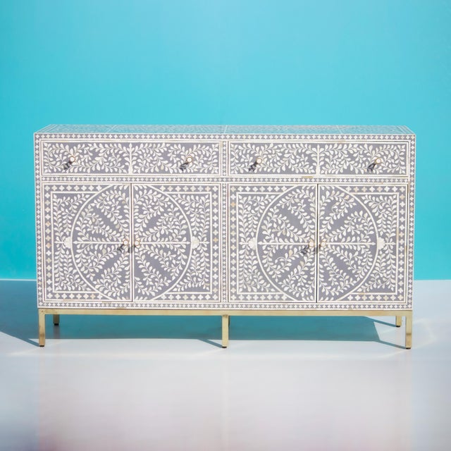 Arabesque Bone Inlay Four-Door Buffet - Grey by House of Jaipur For Sale - Image 6 of 6