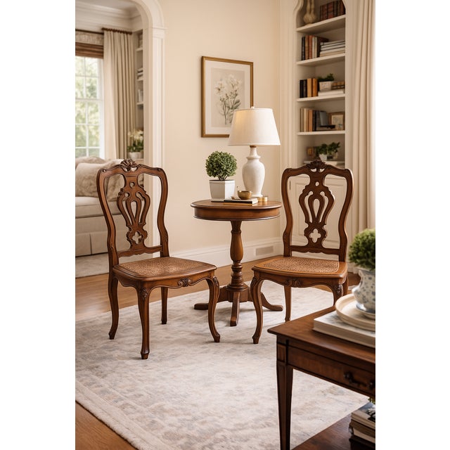 Wood Antique Italian Carved Walnut Caned Side Chairs – Set of 2 – Hand-Carved Rococo/Baroque Revival – Made in Italy For Sale - Image 7 of 8